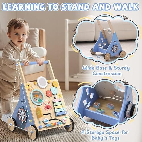 Ocean-Themed Wooden Baby Walker with Activity Center, Montessori Push Walker Toy for Babies 18 Months, Safe First Steps Baby Walking Aid for Boys & Girls thumbnail 5