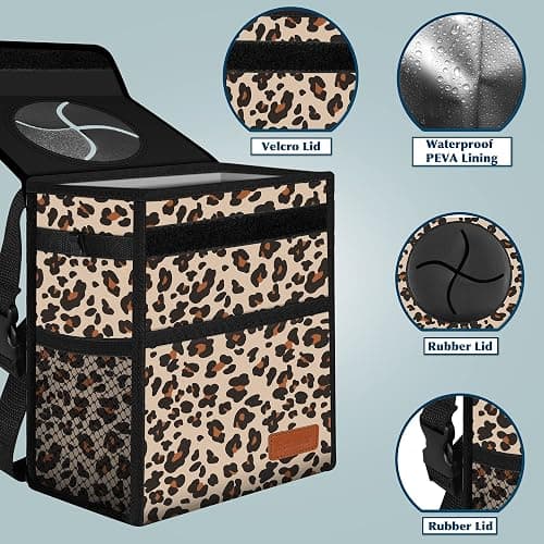 Car Trash Can with Lid Leak Proof Garbage Waterproof Bag for SUV Front Seat Multipurpose Hanging Headrest Collapsible and Portable Storage Mesh Pocket, Leopard Print thumbnail 5