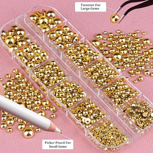 Belleboost Gold Nail Charms and Gems, Half Round Flatback Pearl Nail Charms, Nail Pearls Rhinestones Kit Gold Beads for Nails with Pickup Pencil and Tweezer for DIY Nail Art, Face Makeup and Crafting thumbnail 3