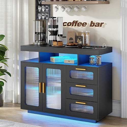 HWB Coffee Bar Cabinet with Storage, Buffet Sideboard with RGB Light, Modern Coffee Bar Table with Charging Station, Black thumbnail 8