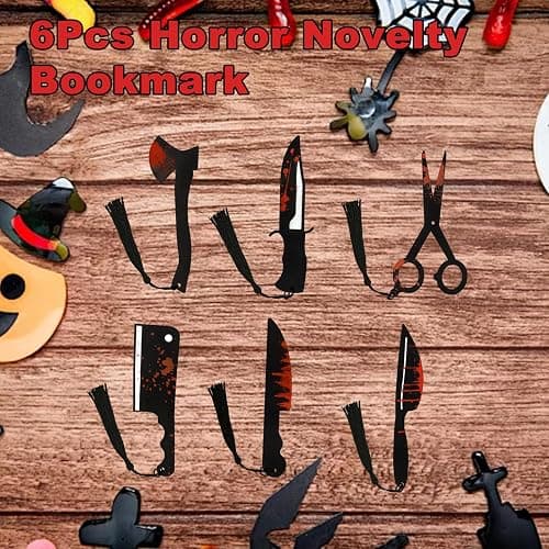 6Pcs Horror Novelty Bookmark Set, Fake Knife Shapes with Blood Stain Gothic Book Accessories Dark Romance Acrylic Page Holders with Black Tassels Halloween Craft thumbnail 5