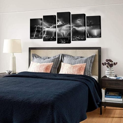 Biuteawal - Black and White Wall Art Nature Lightning Strikes in The Clouds Painting on Canvas Storm and City Night View Picture Print for Home Office Living Room Decoration Wall Decor thumbnail 4