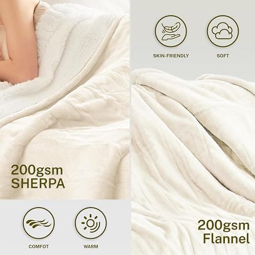 ⭐️Cozorbt Heat Blanket 62”x84” Twin Size,Soft Flannel & Sherpa Reversible Electric Blanket with 10 Heat Settings,12 Timer Setting and 8 Hours Auto-Shut Off,ETL Certified Machine Washable,Ivory thumbnail 3