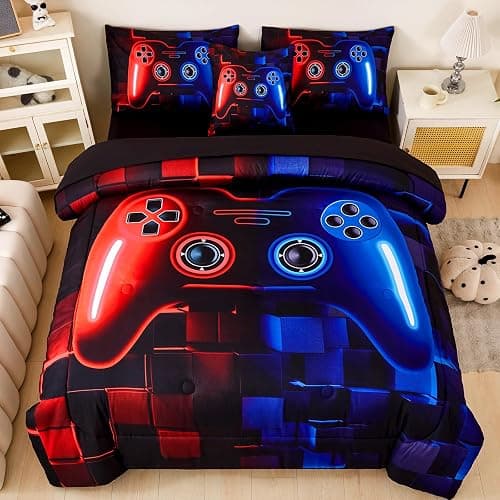 ASKOTU 6 Pcs Full Boys Bedding Set, Red Blue Gamer Comforter Set for Boys with Sheets, Microfiber Geometric Gamer Full Size Bedding Set for Boys - Red-blue - Full-6pcs thumbnail 3
