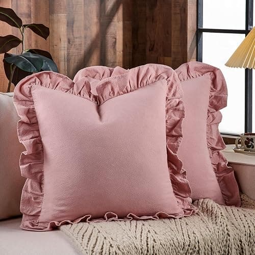 AmHoo Pack of 2 Throw Pillow Covers 100% Cotton Pre Washed Ruffle Decorative Pillowcase Cushion for Couch Sofa Bedroom 18 x 18-Inch Bridal Rose - Image 1