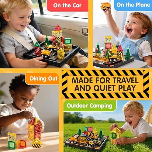 hahaland Mini Magnetic Tiles Travel Construction Toys with Engineering Cars | Magnetic Building Blocks with Vehicles Trucks, Case 2-in-1 Road-Themed Box, Montessori Gifts for 3-6 Year Old Toddler thumbnail 5