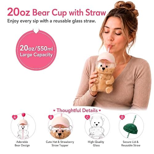 SummerWins Glass Bear Cup With Straw, Leak Lid & 2 Hats for Coffee & Shakes | Cute Bear Cup With Straw, 20 oz Clear Glass Cup With Secure Lid & 2 Replaceable Hats for Gifts, Parties & Daily Use thumbnail 5