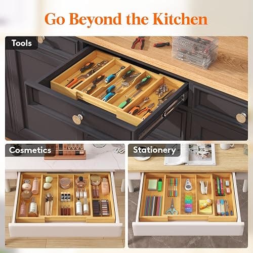 Lifewit Utensil Organizer for Kitchen Drawer, Expandable Cooking Utensil Tray, Bamboo Cutlery Silverware Flatware Holder, Adjustable Spatula Tools and Gadgets Storage Divider, Large, Natural thumbnail 8