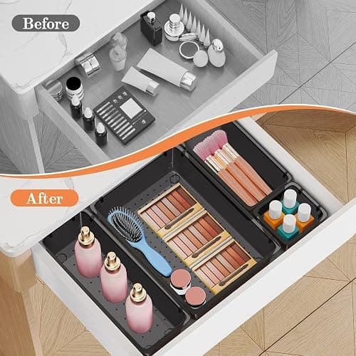 SpaceHacks 25 PCS Plastic Drawer Organizer Set, 4-Size Versatile Organizer Trays & storage Bins for Makeup, Jewelry, and Gadgets in Bathroom, Bedroom and Office,Clear Black thumbnail 5