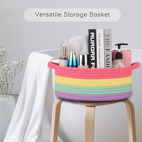 COMSE Small Woven Basket with Gift Bags and Ribbons, Gift Basket Empty, Cotton Rope Storage Organizer, Baby Toy Box with Handles, 12" x 8" x 5", Rainbow thumbnail 6