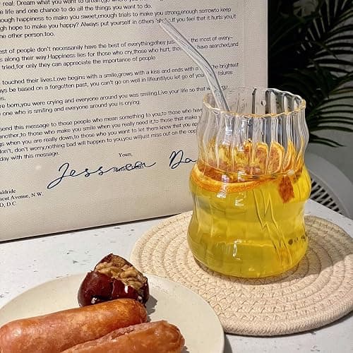 2 Pcs Ribbed Glass Cups, 18 Oz Vintage Drinking Glassware with Wave Shape Design, Bubble Cups for Iced Coffee, Juice, Beverage, Milk, Cocktails, Bubble Tea, and More thumbnail 3