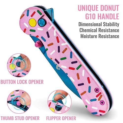 NedFoss DONUT Pink Pocket Knife for Women Men, 2.9" Blade Small EDC Knife, 14C28N Steel Button Lock Knife, Unique Donut Design G10 Handle Folding Knives thumbnail 4