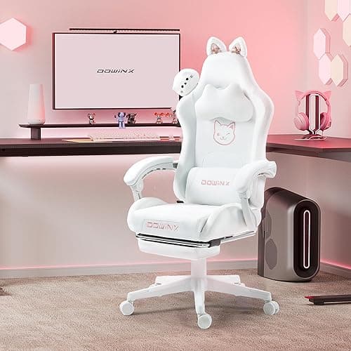Dowinx Gaming Chair Cute with Cat Ears and Massage Lumbar Support, Ergonomic Computer Chair for Girl with Footrest and Headrest, Comfortable Reclining Game Chair 290lbs for Adult, Teen, White thumbnail 7
