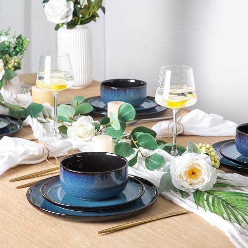 LeRatio Ceramic Dinnerware Sets for 6,Porcelain Plates and Bowls Sets,Handmade Reactive Glaze Dishes Set,Chip Resistant and Scratch Resistant | Oven&Dishwasher & Microwave Safe-Blue(18PCS) thumbnail 6