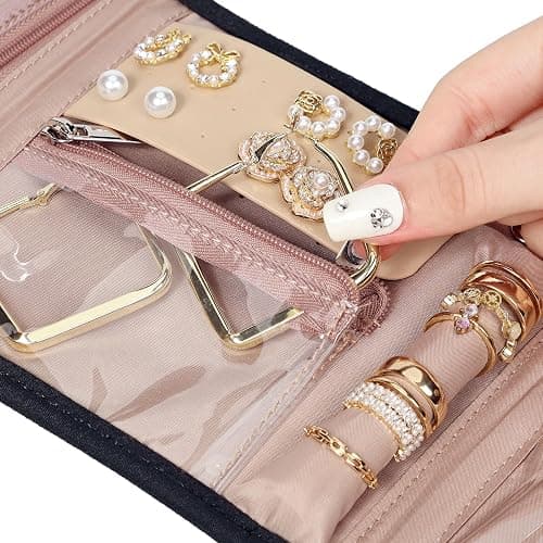 BELALIFE Travel Jewelry Case Organizer, Small Foldable Storage Roll for Earrings, Necklaces, Rings, Bracelets, Brooches, Black thumbnail 4
