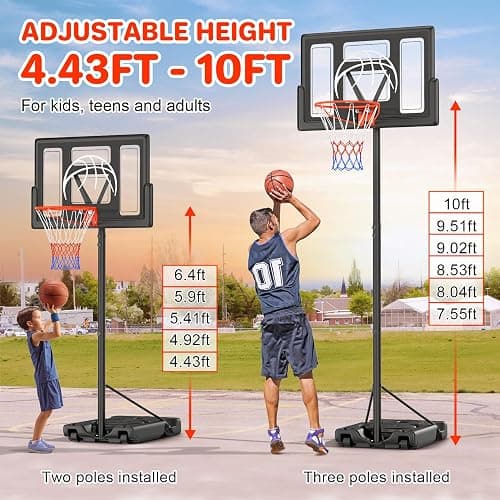 Yohood Basketball Hoop Outdoor 10ft Adjustable, Portable Basketball Hoop Goal System for Kids Youth and Adults in Backyard/Driveway/Indoor, 44 Inch Shatterproof Backboard and Larger Base thumbnail 5