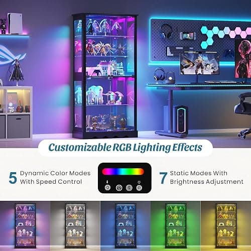 Dystler Display Cabinet with Glass Doors, RGB Lights for Collectibles | 71'' Tall with Adjustable Shelves, Human Sensor LED Lighting Curio Cabinet, Black thumbnail 3
