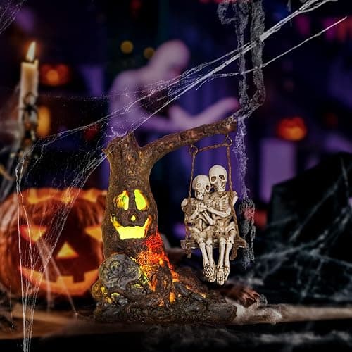 Halloween Skull Statue with Spooky LED Light for Home Indoor Decorations | Halloween Decor with Romantic Skeleton Couple on Swing Dead Tree, Resin Skull Party Centerpieces Holiday Collectible Gift thumbnail 4