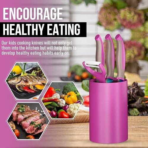 TruChef 5-Piece Kids Knife Set for Real Cooking | Stainless Steel Chef, Paring & Serrated Knives with Peeler & Holder | Safe Junior Chef Cooking Set for Kids (5 pcs, Pink) thumbnail 5
