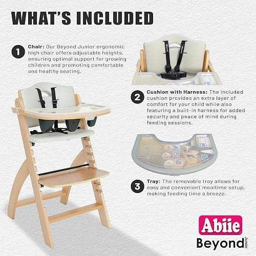 Abiie Beyond Junior Wooden High Chair with Tray - Adjustable and Convertible High Chair for Babies and Toddlers - 6 Months to 250 Lb - Water Resistant - Natural Wood/Dove Grey Cushion thumbnail 3
