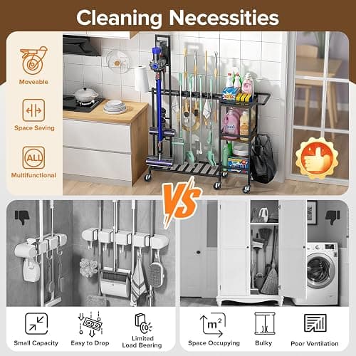 Housolution Cleaning Utility Cart on Wheels, Multifunctional Cleaning Tools Supplies Organizer with Broom and Mop Holder, Vacuum Stand Compatible with Dyson, Rolling Storage Cart for Home thumbnail 4