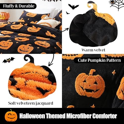 Smoofy Pumpkin Halloween Comforter Set, Fleece Queen Halloween Bedding | Cute Pumpkin Halloween Room Decor, Fluffy 3 Pieces Queen Size Bedding Set (1 Comforter, 2 Pillowcases) thumbnail 3