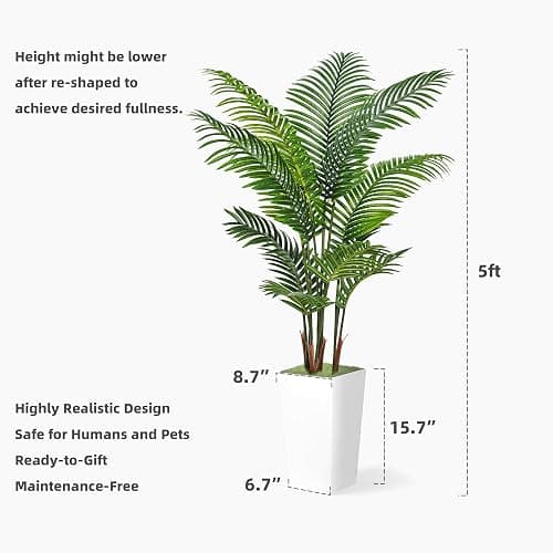 ASTIDY Artificial Palm Tree 5FT - Fake Tree with White Tall Planter - Faux Tropical Areca Floor Plant in Pot - Artificial Silk Plant for Home Office Living Room Decor Indoor thumbnail 3