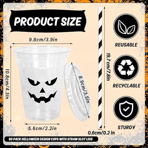 Whaline 60Pcs Halloween Disposable Plastic Cups with Lids and Straws 12oz Jack-O-Lantern Pumpkin Cold Beverage Drinking Cups Scary Printed Party Cup for Trick or Treat Party Supplies thumbnail 3