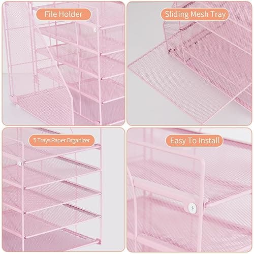 LEKETREE Desk Organizers and Accessories, 5-Tier Paper Letter Tray Organizer with File Holder, Desktop Organizer for Office Supplies (Pink) thumbnail 6