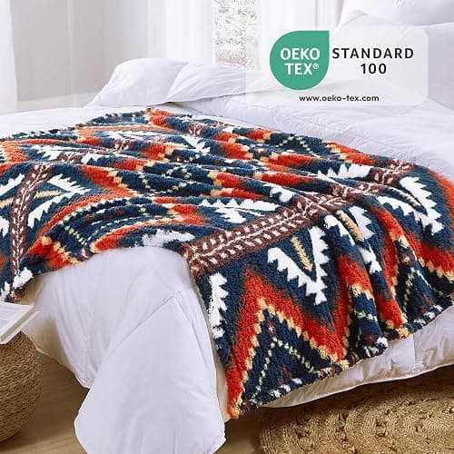 CASAAGUSTO Boho Sherpa Blanket, Aztec Twin Blanket, Ultra Soft, Warm, Cozy, Plush, Thick Fleece Western Blanket for Couch, Bed, Sofa (Navy Blue 60 * 80 Inch) thumbnail 4