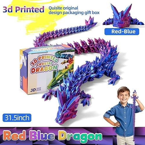 TXB3DOK 24" Large 3D Printed Dragon Bigger Fidget Animals Toys, Oversized Flexible Articulated Crystal Fidget Toy, Huge 3D Printed Dragon Toys Gift for Desk and Home Decor (Red Blue, 24 inch) thumbnail 3