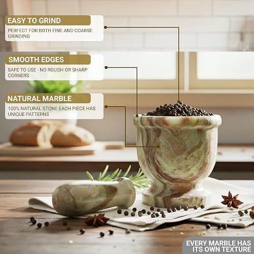 UrbanFocal Marble Mortar and Pestle Set 4" Inch Handmade Hand Grinder for Kitchen Ideal Mortar and Pestle Set Spice Grinder and Garlic Crusher, Green Onyx thumbnail 6