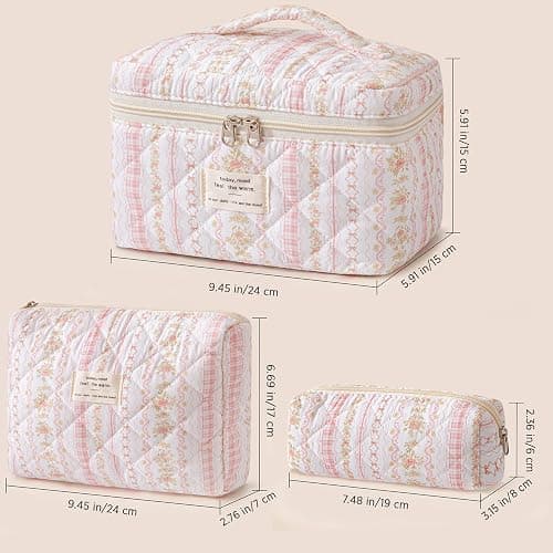 HBselect Quilted Makeup Bag, 3PCS Cotton Large Travel Makeup Bag, Cute Floral Coquette Make up Bag Cosmetic Bag Toiletry Bag for Women Girls thumbnail 6