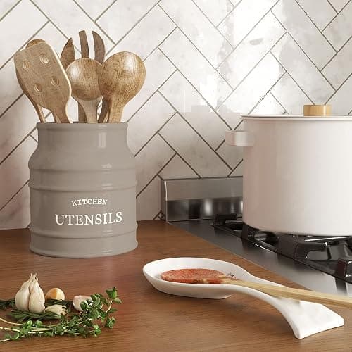 Barnyard Designs Ceramic Farmhouse Utensil Holder for Kitchen Counter, Large Rustic Utensil Crock, Countertop Cooking Tool Spatula Organizer, 6.75” (Taupe) thumbnail 5