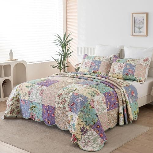 YAYIDAY Quilts Queen Size Patchwork Bedspread Set | 100% Cotton Reversible Breathable Floral Quilted Quilt with Pillow Shams Fit All Season thumbnail 2