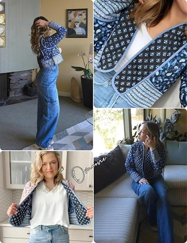 Omoone Women's Cropped Floral Reversible Quilted Jacket Cardigan Printed Lightweight Open Front Padded Puffer Coat thumbnail 5