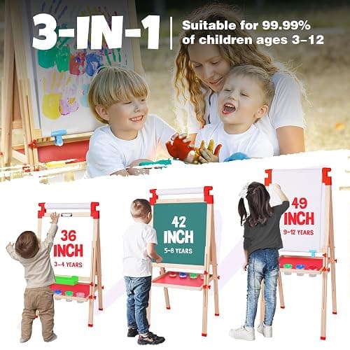JOYOOSS Kids Wooden Easel with Paper Roll - Adjustable Magnetic Double Sided Drawing Board Whiteboard & Chalkboard Dry Easel Board,Children Art Easel for 3~12 Years Kids Boys Girls Painting Drawing thumbnail 4