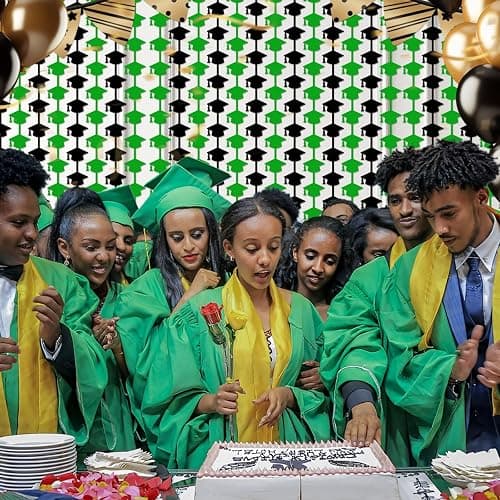 2 Pack 3.3ft x 6.6ft Graduation Cap Metallic Foil Fringe Curtain, Grad Hat Shaped Tinsel Streamers Photo Props Backdrop for College Graduation Party Supplies, Prom 2025 Decorations (Green&Black) thumbnail 7