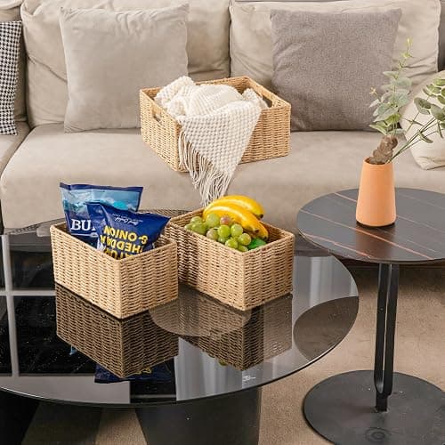 OIAHOMY Wicker Baskets for Organizing, Large and Small Shelf Baskets Set, Handwoven Bins for Storage,Paper Rope Home Organizers, Set of 3-Yellow thumbnail 5