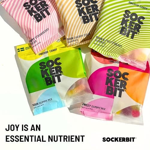 Sockerbit Swedish Candy Variety Pack, 5 Bags, Sweet & Sour Gummy Candy Mixes, Foamy Strawberry Dream, Sour Cherry Cola Bottles & Fruity Hearts, Vegan Options & Non GMO, 2.82oz Each Bag thumbnail 4