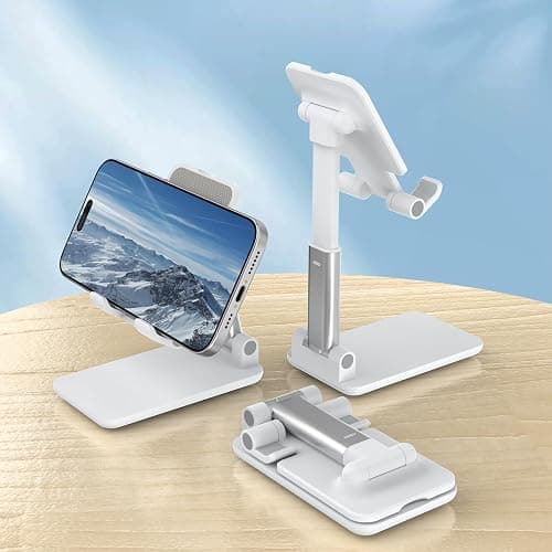 HZZADZXW Cell Phone Stand, Adjustable Angle and Height Cell Phone Holder for Desk, Foldable and Portable, Anti-Slip Silicone Pad, Compatible with All Mobile Phones and 4-8 Inch Devices, White thumbnail 5