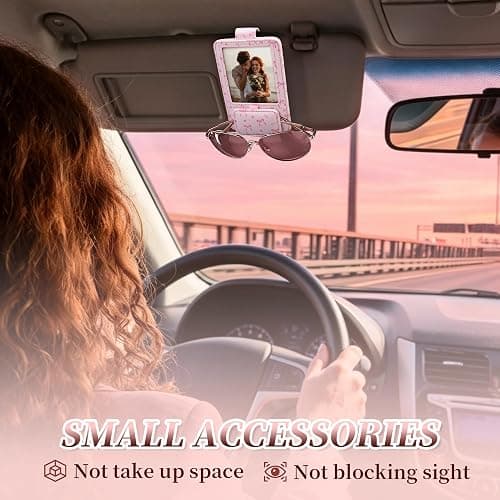 Calafu Sunglass Holder for Car, 2 in 1 Sunglass Visor Clip with Photo Frame | Leather Cloth, Magnetic Interior Car Accessories, Holds Paper Tickets, Universal Visor Fit, Custom Photo Slot, Pink thumbnail 5