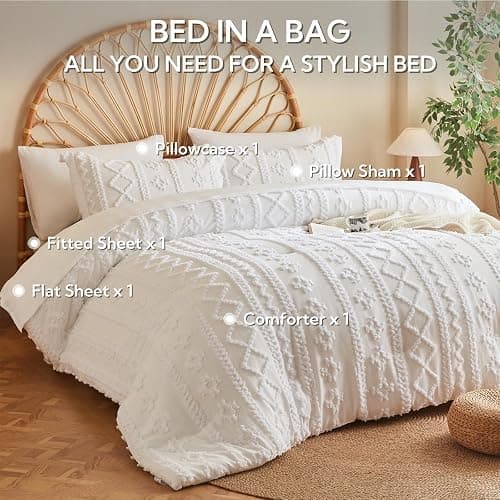 MR&HM White Twin XL Comforter Set for College Dorm, Boho Bedding Set, Bed in a Bag Set 5 Pieces with 1 Comforter, 1 Pillow Shams, 1 Pillowcases, 1 Flat Sheet, 1 Fitted Sheet for All Seasons thumbnail 7