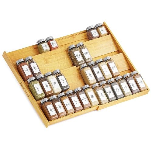 SpaceAid Bamboo Spice Drawer Organizer, (Need 3" Deep Drawer) Expandable 4 Tier Spices Rack for Cabinet, Kitchen Seasoning Storage Insert (Jars Not Included, From 12" to 23" Wide) - Image 1