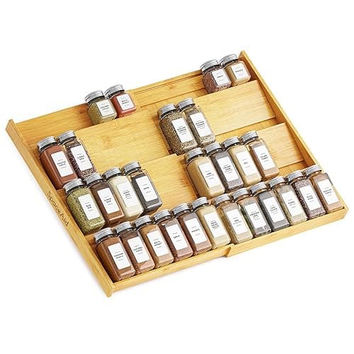 SpaceAid Bamboo Spice Drawer Organizer, (Need 3" Deep Drawer) Expandable 4 Tier Spices Rack for Cabinet, Kitchen Seasoning Storage Insert (Jars Not Included, From 12" to 23" Wide) - 12" to 23" Wide - Natural