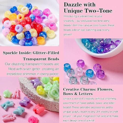 SJZWSD Kandi Beads Bulk Pony Beads Kit 3600+ Pcs, Rave Bracelet Making Set with Glow in The Dark, 96 Colors UV Star Heart Flower Alphabet Letters for Girls Kids Teens DIY Gift thumbnail 3