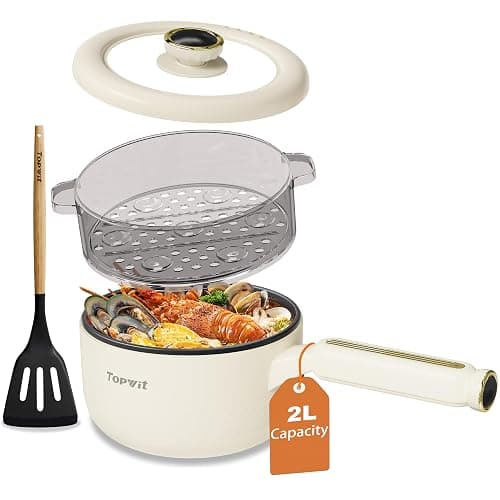 TOPWIT Hot Pot Electric with Steamer, 2L Multifunctional Electric Pot, Non-Stick Sauté Pan, Portable Pot for Steak, Fried Rice, Ramen, Soup with Dual Power Control (Silicone Spatula Included), Beige - Image 1