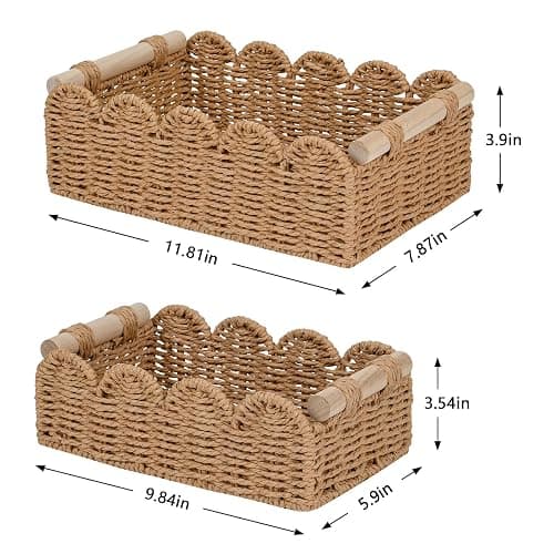 CubesLand Paper Rope Scalloped Edge Decor Baskets for Home, Living Room, Bedroom, Toilet Basket for Over Toilet Storage Shelf, End Table, Shelves and More, Both Storage&Decor, Set 2 Neutral thumbnail 3