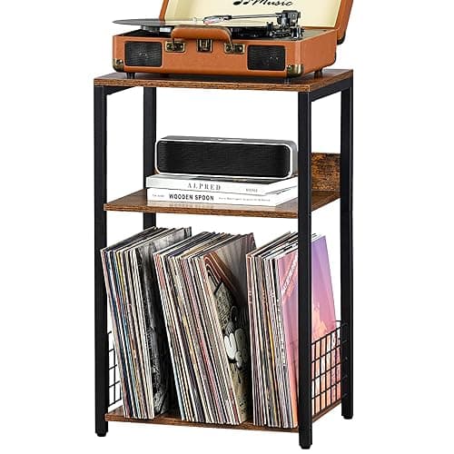 LELELINKY 3 Tier End Table,Record Player Stand with Storage Up to 100 Albums,Turntable Stand for Vinyl,Brown Records Shelf for Living Room Bedroom - Image 1