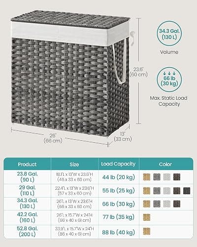 SONGMICS 130L Clothes Hamper with Lid, 2 Removable Liner Bags, 6 Mesh Bags, Wicker, Double Laundry Basket for Bathroom, 13 x 26 x 23.6 Inches, Gray ULCB253G01 thumbnail 3